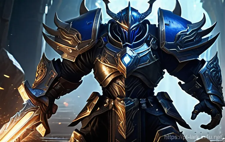 로스트아크 디스트로이어 장비 세팅 - **Lost Ark Destroyer: Perfect Swing Impact**
    A heavily armored Lost Ark Destroyer, a male charac...