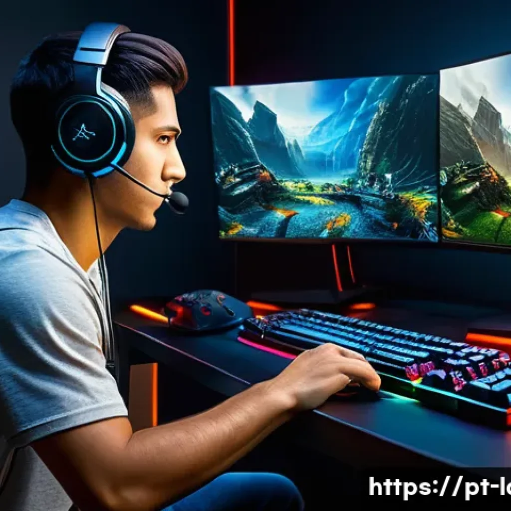 로스트아크 게임 설정 최적화 - A highly detailed gaming setup scene featuring a Brazilian gamer intensely focused on playing Lost A...