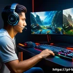 로스트아크 게임 설정 최적화 - A highly detailed gaming setup scene featuring a Brazilian gamer intensely focused on playing Lost A...