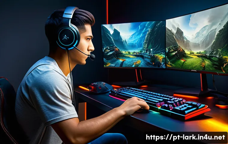 로스트아크 게임 설정 최적화 - A highly detailed gaming setup scene featuring a Brazilian gamer intensely focused on playing Lost A...