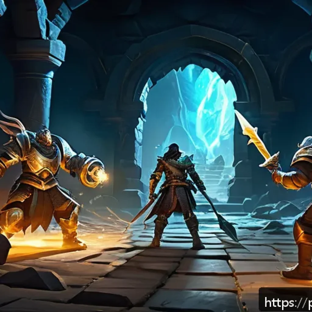 로스트아크 카오스 던전 장비 파밍 - A dynamic scene inside a fantasy Chaos Dungeon, showing a diverse group of adventurers in mid-battle...