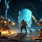 로스트아크 카오스 던전 장비 파밍 - A dynamic scene inside a fantasy Chaos Dungeon, showing a diverse group of adventurers in mid-battle...