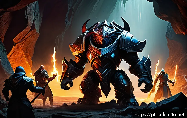 로스트아크 비아키스 레이드 전략 - A dynamic fantasy raid scene featuring a diverse team of adventurers battling a colossal boss monste...