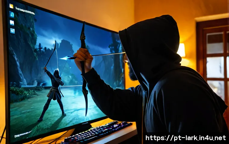 로스트아크 호크아이 콤보 공략 - Photorealistic Portuguese gamer at a clean home desk in Lisbon, focused on a fantasy archer combat g...